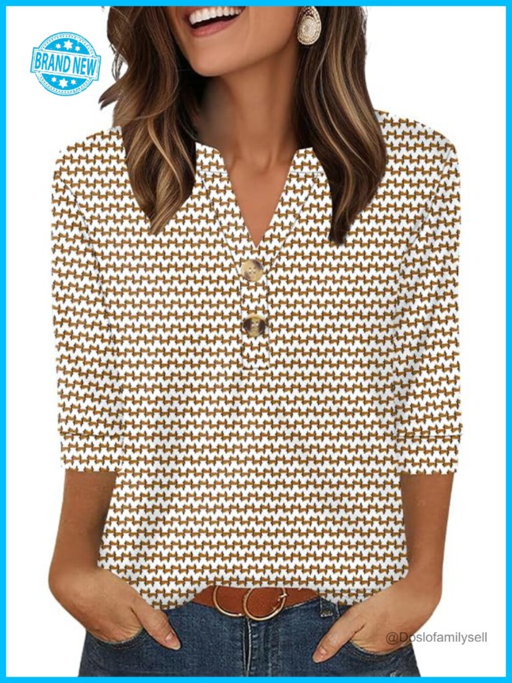 Womens 3/4 Sleeve V-Neck Button Henley Blouse Loose Fit Office Top
